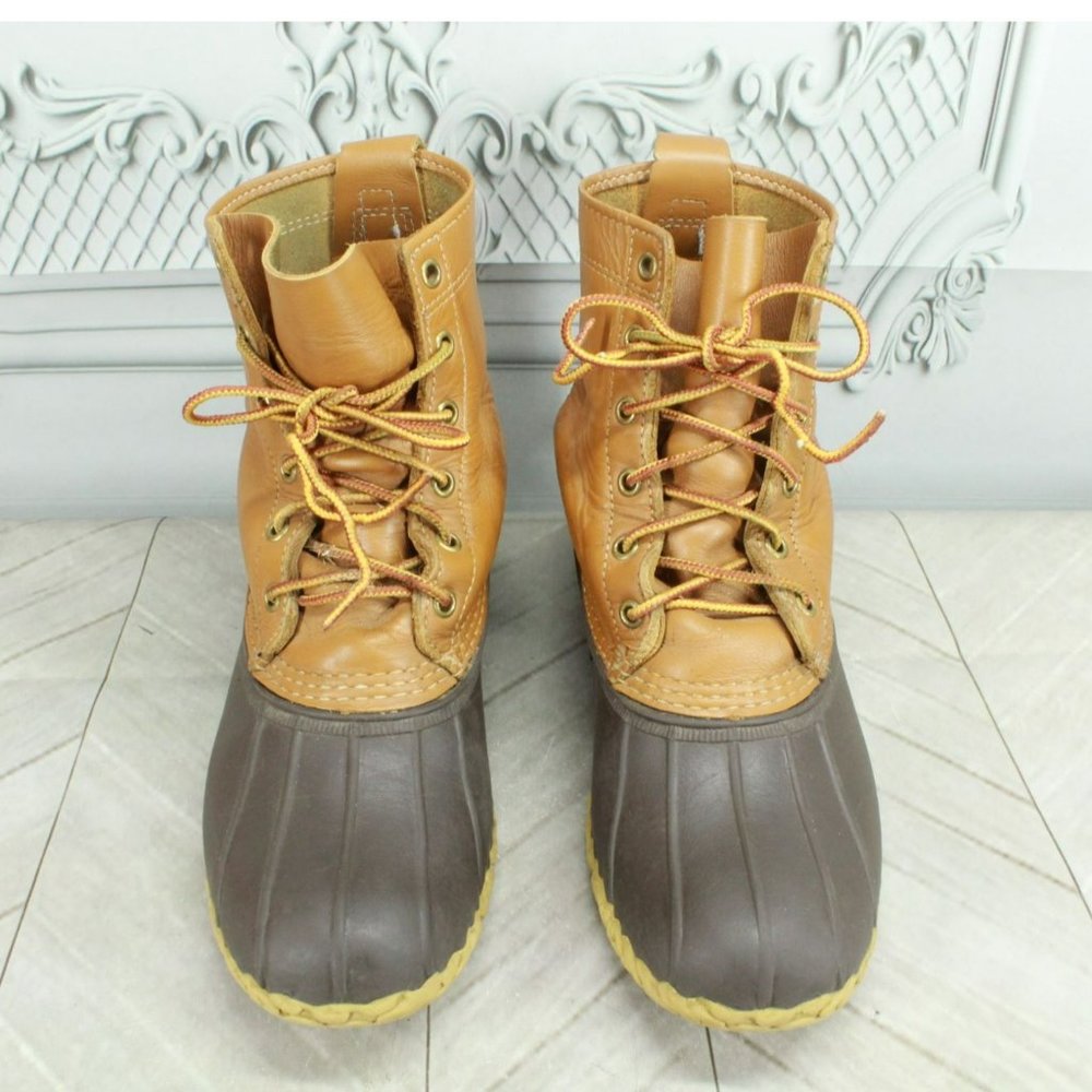 LL Bean Brown Leather Lace Up Unlined Ankle Duck Boots Size 7 M - Picture 5 of 9